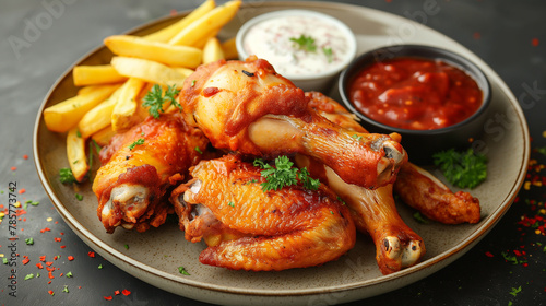 grilled chicken wings, legs and thighs with fries