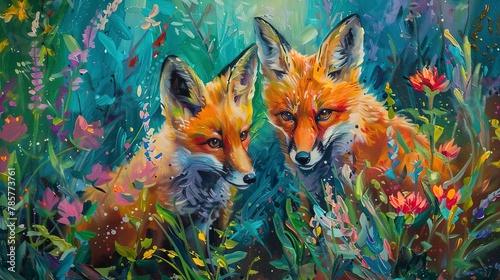 Playful fox cubs, oil paint style, spring meadow, vibrant flowers, joyful exploration, bright colors. 
