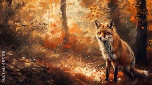 Mysterious fox in autumn woods, oil paint effect, rich fall colors, dappled light, elusive gaze. 