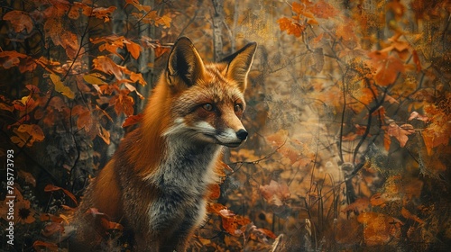 Mysterious fox in autumn woods, oil paint effect, rich fall colors, dappled light, elusive gaze. 