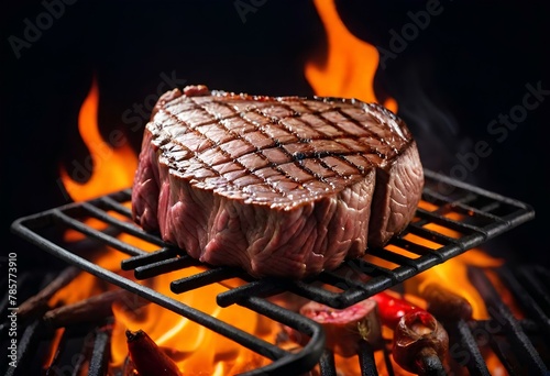 Delicious Medium-rare steak on an iron grill and flams broiled. Juicy and delicious food photography
