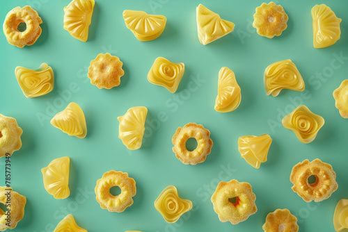 Delicious pasta dishes arranged on vibrant turquoise background, top view flat lay concept for Italian cuisine menu or recipe website