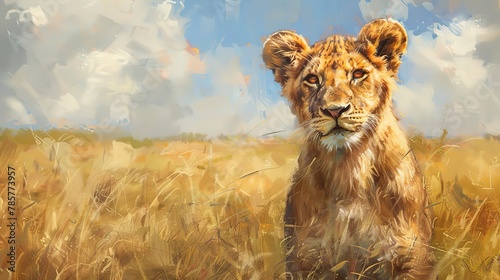 Young lion, oil painting style, exploring grasslands, curious look, bright daylight, detailed fur.