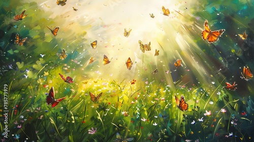 Swarming butterflies in meadow, oil paint style, sunlight through trees, myriad colors, lively dance. 