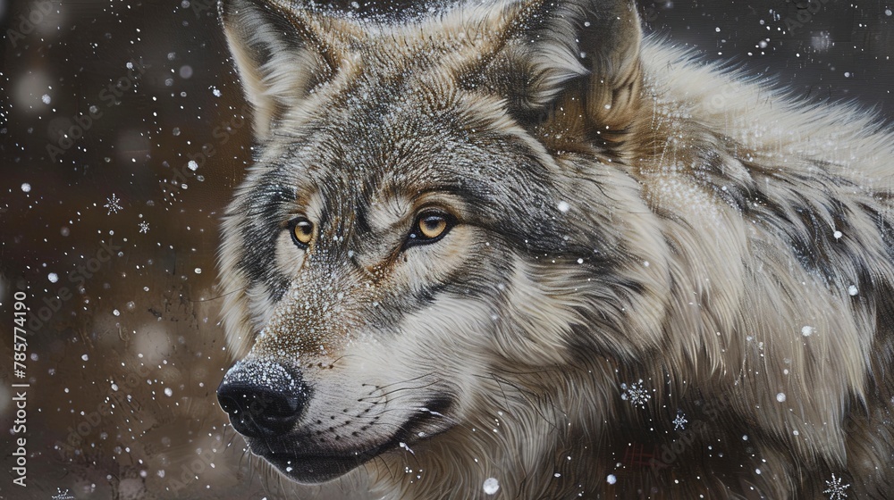 Elder wolf, classic oil painting look, wisdom in eyes, snowflakes on fur, soft grays, dignified age. Elder wolf, classic oil painting look, wisdom in eyes, snowflakes on fur, soft grays, dignified age.
