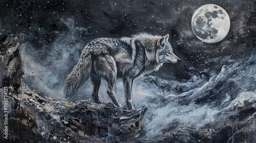 Solitary wolf, classic oil painting technique, moonlit night, silver hues, mystical gaze.
