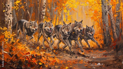 Wolf pack on the hunt, dynamic oil painting look, autumn forest, vibrant oranges, coordinated movement.  © Thanthara