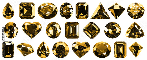 Set of fantasy-colored yellow game gems. illustration set of precious stones. Different cuts, fantasy mystic style. Isolated jewels, diamonds gem set. Circle, triangle, drop, heart, rhombus, square
