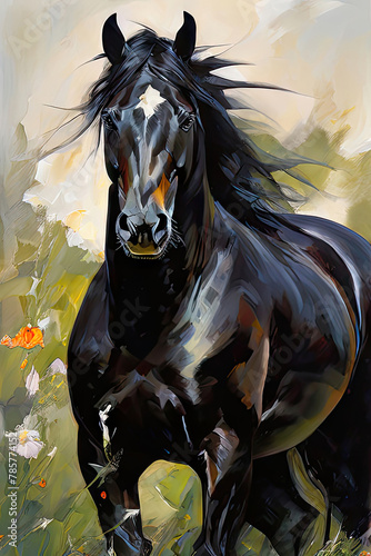 Digital painting of a black horse with a long mane and mane