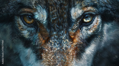 Watchful wolf eyes, oil painting effect, deep shadows, intense gaze, detailed fur, ambient lighting. 