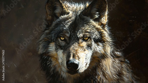 Watchful wolf eyes, oil painting effect, deep shadows, intense gaze, detailed fur, ambient lighting. 