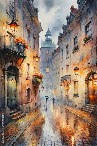Digital painting of street in the old town of Prague, Czech Republic