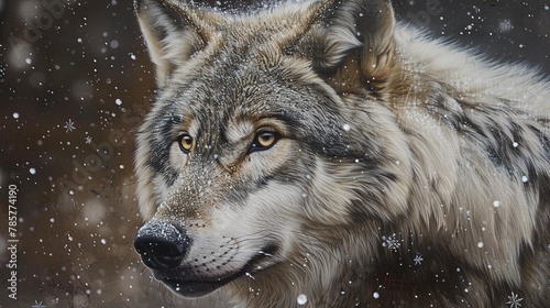 Elder wolf  classic oil painting look  wisdom in eyes  snowflakes on fur  soft grays  dignified age.