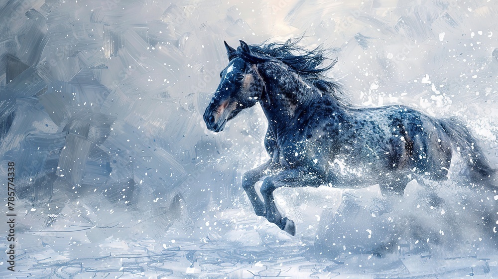 Obraz premium Galloping horse in snow, dynamic oil painting effect, flurry of white, sense of freedom, crisp blues. 