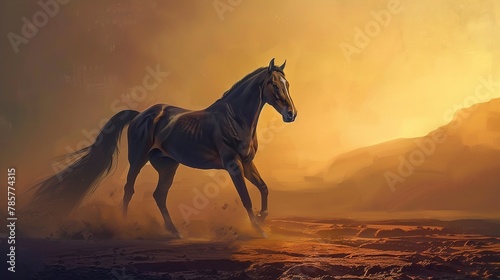 Arabian horse in desert, classic oil painting look, sunset silhouette, warm oranges, elegant posture. © Thanthara