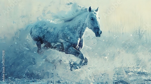 Galloping horse in snow, dynamic oil painting effect, flurry of white, sense of freedom, crisp blues. 