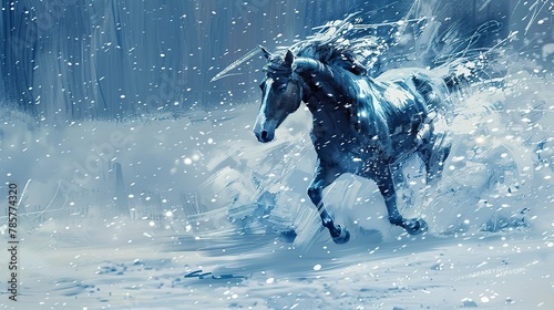 Galloping horse in snow, dynamic oil painting effect, flurry of white, sense of freedom, crisp blues. 