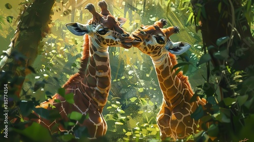 Playful giraffe calves  oil paint style  soft morning light  joyful antics  lush greens  gentle scene. 