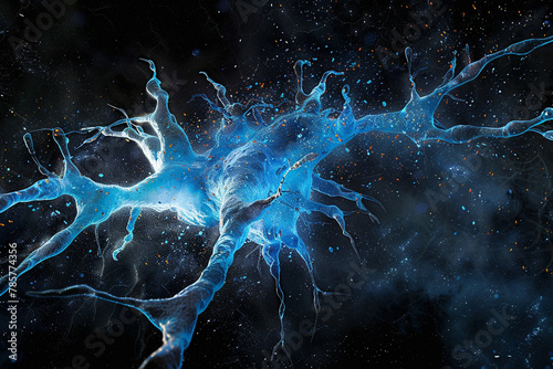 aesthetically arresting abstract picture with a deep black background which resembles a neuron structure breaking out in blue hues. photo