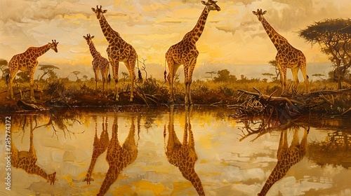 Giraffe family at waterhole, oil paint effect, dusk light, peaceful gathering, reflective surface, tranquil. 