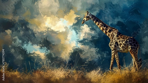 Lone giraffe against stormy sky, dynamic oil painting look, dramatic contrast, powerful stance, deep blues. 