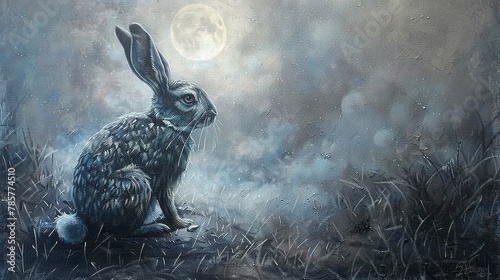 Wise old rabbit, classic oil painting technique, under moonlight, mystic aura, silver hues. 