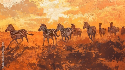 Zebra herd in golden savannah, oil painting effect, sunset light, dramatic shadows, vibrant oranges. © Thanthara