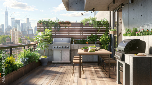 Contemporary Urban Rooftop Terrace: Barbecue Grill and Outdoor Dining Area