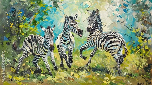 Playful zebra foals, classic oil painting look, lush meadow, bright greens, joyful antics, vibrant scene. 