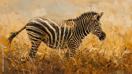 Noble zebra  oil painting technique  regal stance  warm savannah light  rich textures  majestic aura.