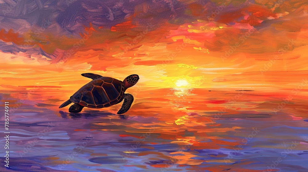 Turtle silhouette at sunset, dynamic oil painting style, ocean horizon, tranquil end, warm oranges and purples. 