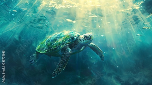 Majestic turtle diving, oil paint effect, light rays through water, serene descent, cool blues, tranquil beauty.  © Thanthara