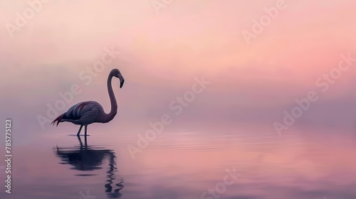 Elegant flamingo at twilight, oil painting effect, soft pink hues, tranquil water, serene silhouette.  photo
