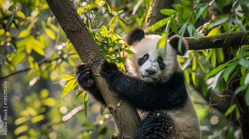 Obraz premium Young panda climbing, dynamic oil painting look, ascent to the canopy, bright foliage, adventurous spirit. 