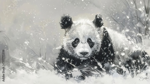 Majestic panda in snow, dynamic oil painting style, contrasting black and white, serene beauty, soft whites. 