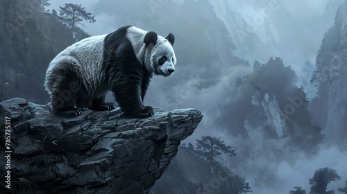 Solitary panda, oil painting technique, on rocky perch, thoughtful gaze, misty backdrop, muted blues. 