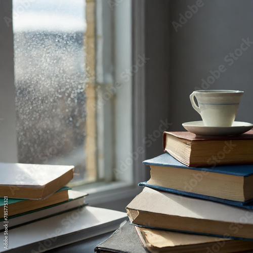Stack of books with a cup of coffee on top near the window, with rainwater drops on the glass. Reading is an educational concept.