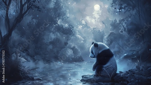 Panda in moonlit clearing, oil painting style, mystical aura, silver light, tranquil blues, serene solitude. 
