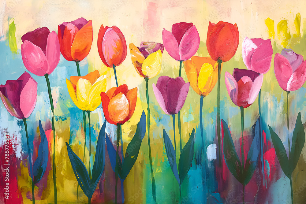 Dynamic mixed media artwork celebrating tulip field's vibrant energy. Bold hues evoke joy, optimism, and happiness with saturated colors.