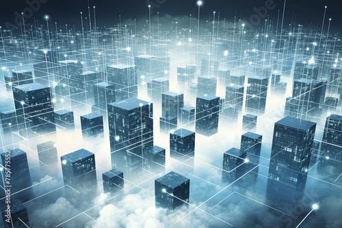 Cloud Computing Concept Visualization: Servers and Data Units Interconnected in a Digital Landscape	