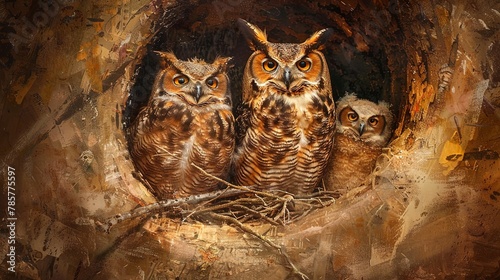 Owl family in hollow, oil paint effect, cozy nest, tender scene, warm hues, intimate gathering. photo