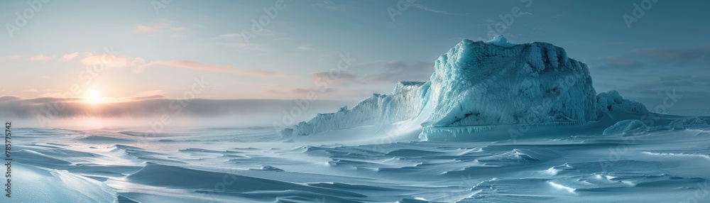 An expansive arctic landscape with a large ice pedestal dominating the scene under a bright sky, soft tones, fine details, high resolution, high detail, 32K Ultra HD, copyspace