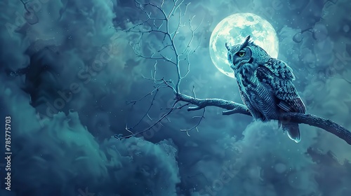 Solitary owl on branch, classic oil painting look, moonrise backdrop, contemplative solitude, cool blues. 