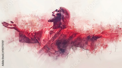 Abstract image of Jesus with arms outstretched in a red-hued embrace, soft tones, fine details, high resolution, high detail, 32K Ultra HD, copyspace, watercolor hand drawn