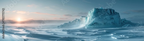 An expansive arctic landscape with a large ice pedestal dominating the scene under a bright sky, soft tones, fine details, high resolution, high detail, 32K Ultra HD, copyspace