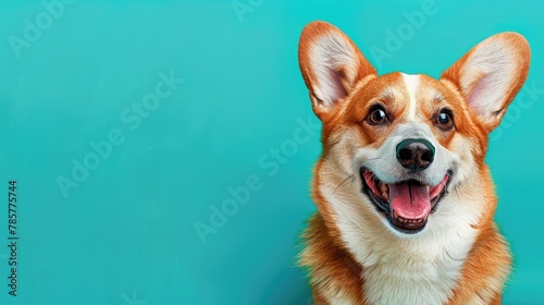 An overjoyed corgi dog grins broadly against a bright cyan backdrop, soft tones, fine details, high resolution, high detail, 32K Ultra HD, copyspace, watercolor hand drawn photo