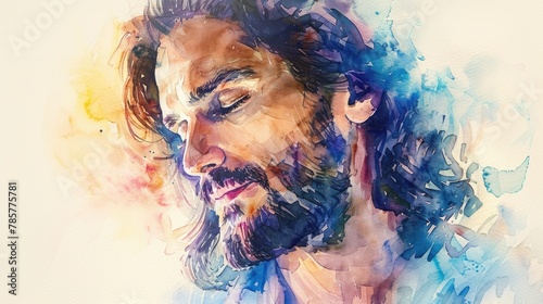 Artistic portrait of a contemplative Jesus in watercolor strokes, soft tones, fine details, high resolution, high detail, 32K Ultra HD, copyspace, watercolor hand drawn