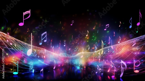 Colorful music notes background with sheet music, disc and treble clef. © hamad