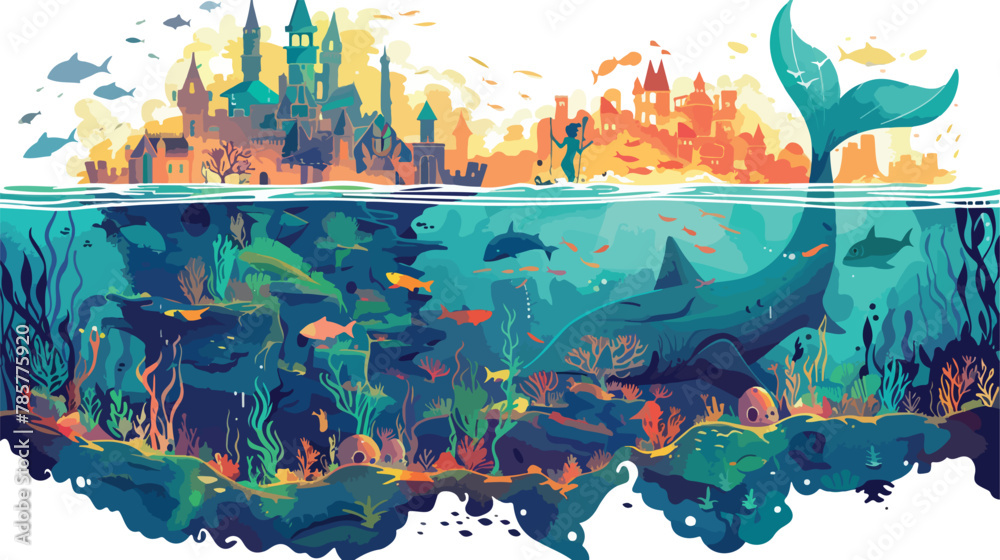 An underwater scene with a sunken city 