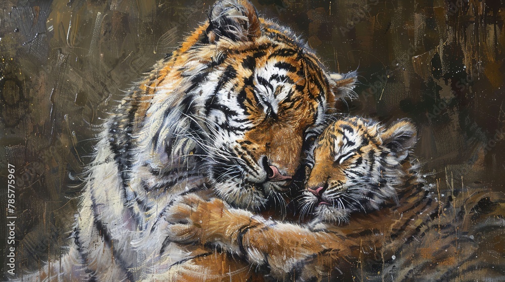 Mother tiger with cub, classic oil painting look, tender moment, warm embrace, soft lighting, protective gaze.